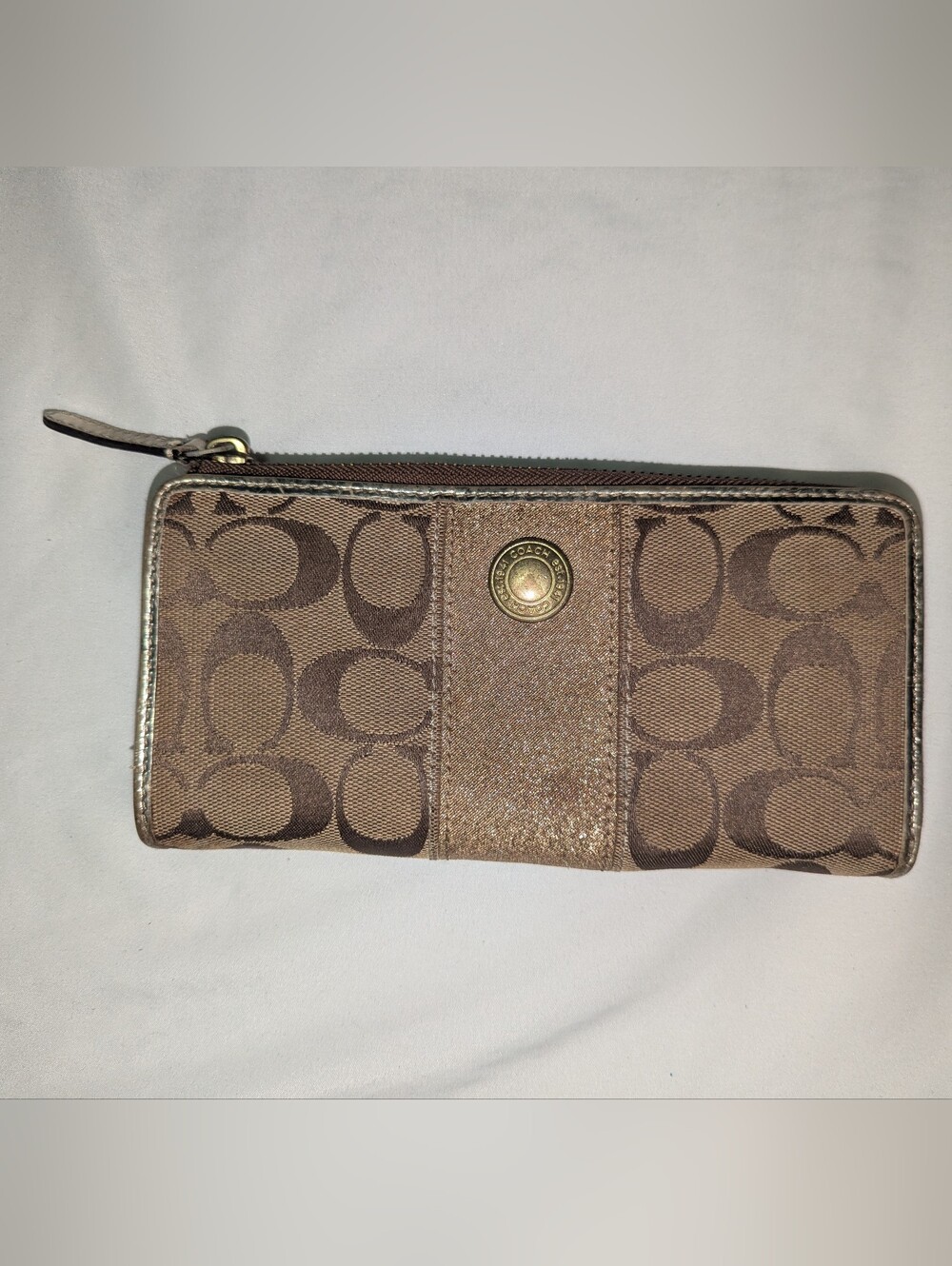Classic Coach Brown Signature Zip Wallet with Pink Lining
